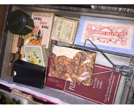 Small box of playing cards, counters etc.