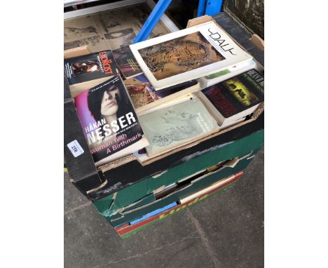 4 boxes of hardback &amp; paperback books including science fiction, art, harry potter etc. 