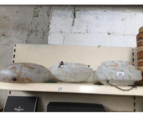 Three Deco glass ceiling light shades Condition: some signs of corrosion to hooks, all chains present, stepped shade has a sm