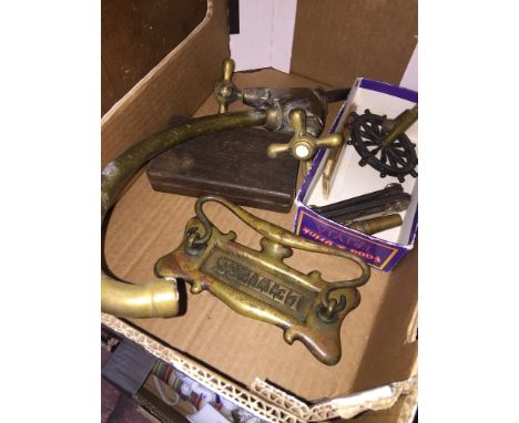 Antique Art Nouveau brass letter box, mixer tap, &amp; various small tools 
