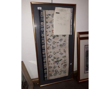 A 19th century Chinese framed tapestry, Kossu Fragment, 87cm x 36cm.&nbsp;Condition - minor discolouration, glass broken, oth