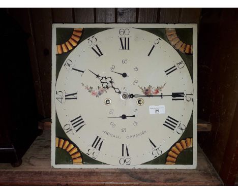 An 8 day long case clock movement with 14" painted dial having seconds and date subsidiaries, signed Wignall Ormskirk. 