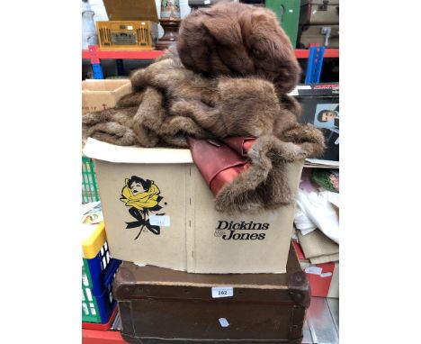 A vintage suitcase, Original hatbox containing 3 hats and a fur coat 