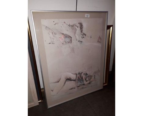 An abstract semi nude scene, signed ltd edition print, indistinctly signed in pencil lower right, 65cm x 50cm, framed and gla