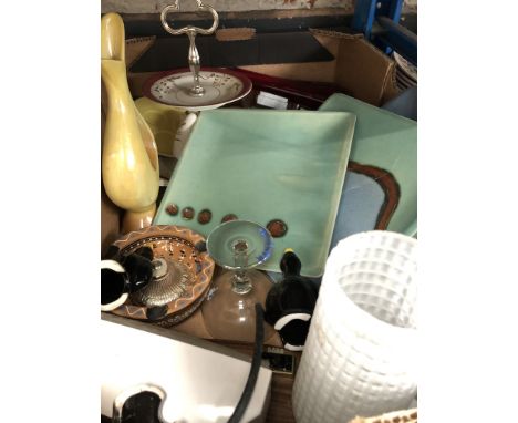 A box of various items to include cake stand, glass, ceramics, retro alarm clock etc. 