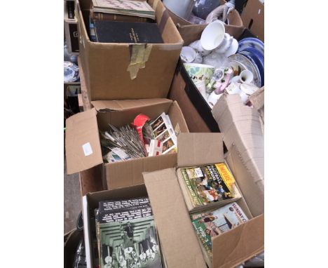 A box of books, a box of vintage football books, a box of encyclopaedia magazines, and a box of loose cigarette/tea cards 
