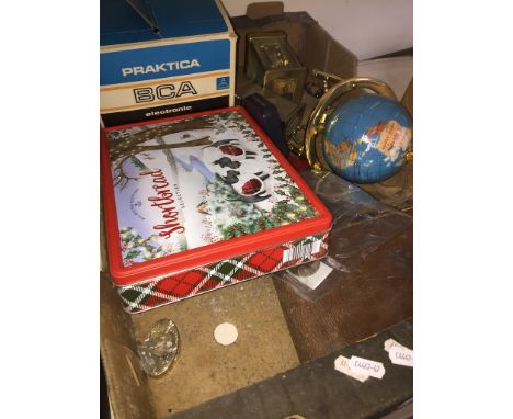 A box of mixed items inc mini globe, watch parts, coins, etc 