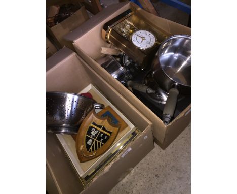 2 boxes of kitchen pans, prints, clock, shields 