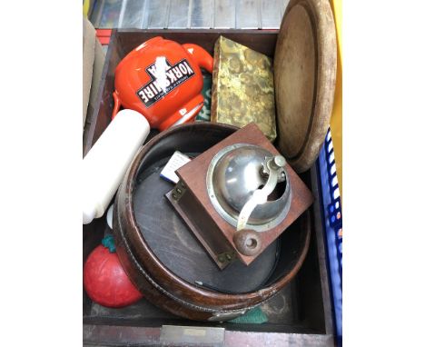 A box of misc. to include yorkshire tea teapot &amp; coffee grinder etc. 