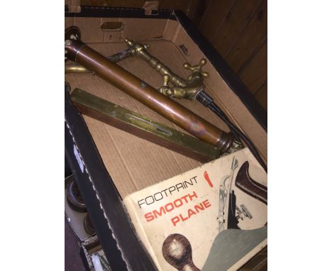 Antique copper &amp; brass plumbing overflow pipe, brass mixer tap, spirit level etc... 