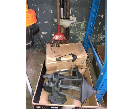Outdoor lantern light fittings and a bundle of garden tools 