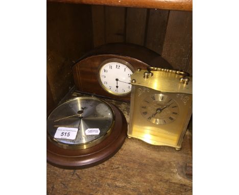 Edwardian mantle clock with porcelain dial + German barometer + brass carriage clock 