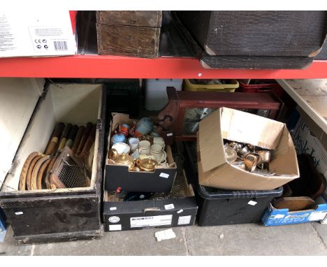 A wooden box containing vintage tennis racquets, 2 boxes of metalware including pewter tankards, a wall clock, two boxds of p