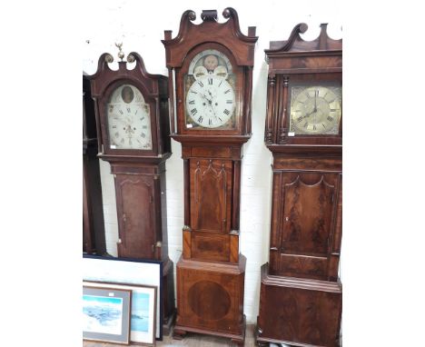 A 19th century inlaid mahogany 8 day long case clock, 14" painted dial with rolling moon, seconds and date  subsidiaries, hei