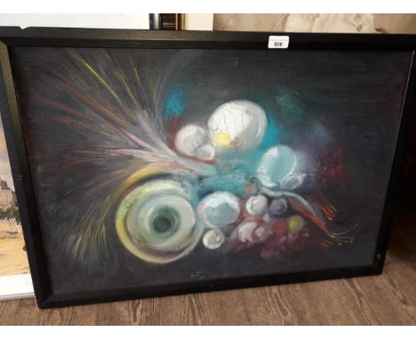 An abstract oil on board, indistinctly signed, 49cm x 75cm, framed. 