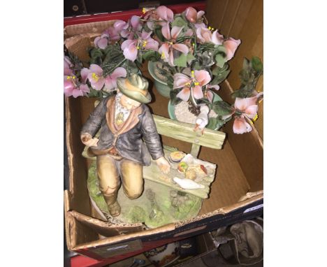 A Capodimonte figure group 'Feeding birds' and 3 vintage Japanese glass bonsai trees in ceramic pots 