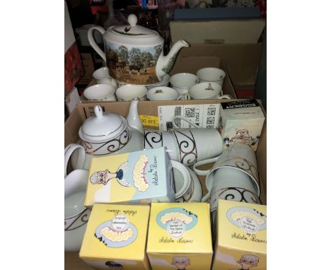 2 boxes of pottery including Danbury Mint teapot and mugs 