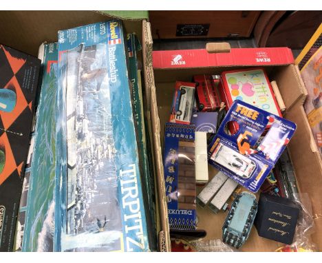 2 boxes  of vintage games, model kits, toys, figures, etc. 