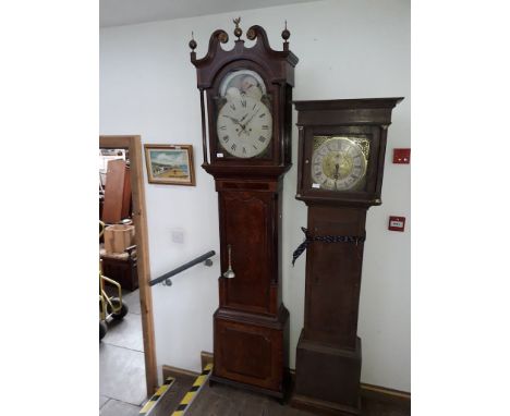 An early 19th century inlaid mahogany and oak 8 day long case clock, the 14" painted dial with rolling moon, four seasons, se