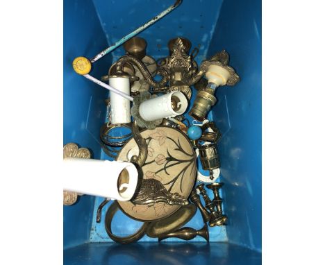 A box of brassware including wall light fittings 