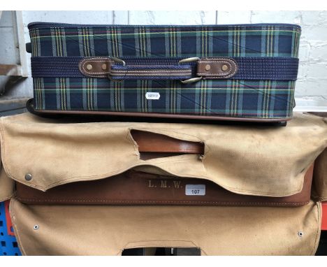 Vintage NORRIS English leather suitcase + PLC tartan carry on suitcase luggage 