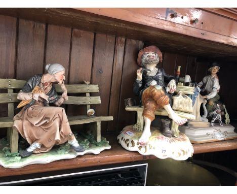 4 Capo di Monte figures, including one seated smoking, and one seated playing piano, one old lady on bench and a tall figure 