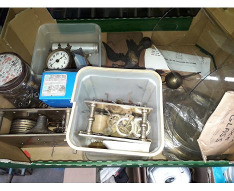 A box of clock parts including a fusee movement etc. 