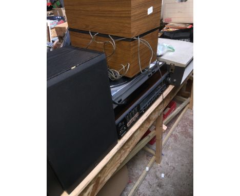 A vintage record player, a Sanyo music centre with pair of speakers, an Ion turntable, a Samsung sound bar and a sub woofer, 