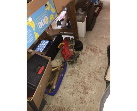 A large quantity of tools and garageware including hand tools, multi drawer cabinet, wooden toolbox and contents, 2 trolley j