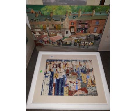 A modern abstract city skyline scene, oil on board, unsigned, together with another 'Settle, North Yorkshire', oil on board, 