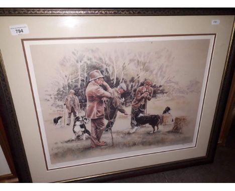After Ros Goody, signed ltd edition print, sheep dog trainers and their dogs scene, signed in pencil to margin, 40cm x 502cm,