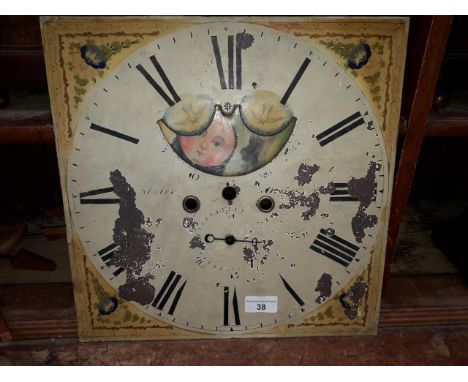 A 14" painted 8 day long case clock dial with rolling moon and date subsidiary, indistinctly signed Slater Ormskirk(?) 