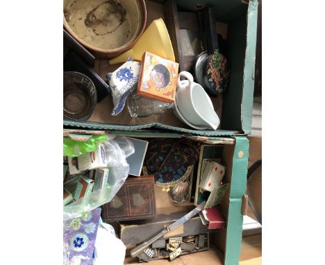 2 boxes of miscellaneous including dominoes, playing cards, Pilkington Bros memorial paperweights, vintage cigarette boxes, p
