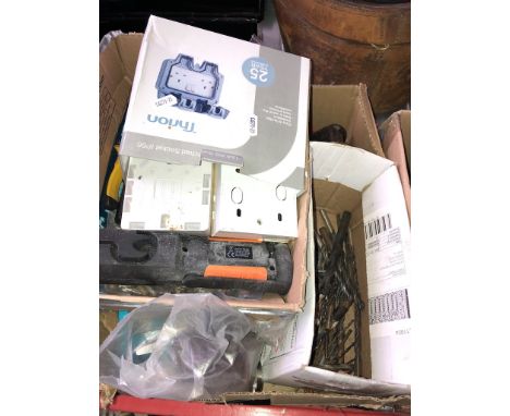 Two boxes of mixed tools, drill bits, planes, light switches, etc.