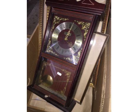 A wall clock and two pictures including 'Brutus', watercolour of a German Shepherd