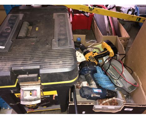 A Stanley wheelie toolbox and contents and a box of electric and hand tools 