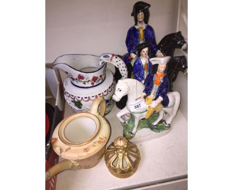 Three repro Staffordhsire figures and a jug, Royal Worester teapot - no lid and Royal worcester crown finial 