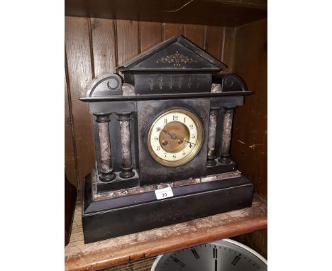 A black slate and marble mantle clock, length 40.5cm, height 40cm. 