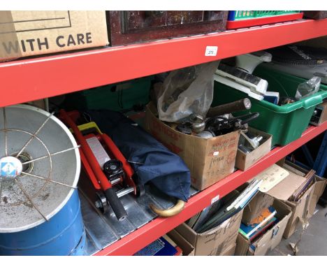 A quantity of garage items including trolley jack, tools, calor gas heater, camera tripod, bicycle bells etc 