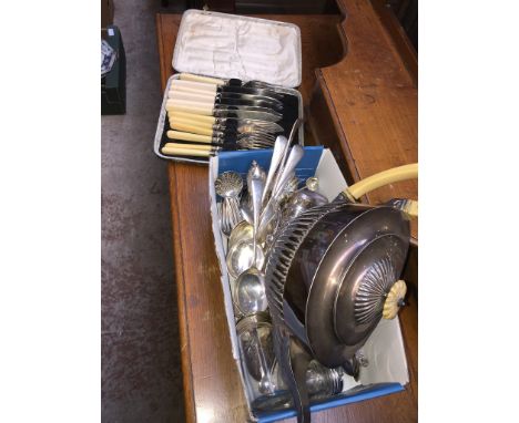 A box of plated ware including cutlery and teapot 
