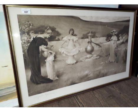 After Maude Goodman (British, 1853-1938), a late Victorian print of a family playing, signed in pencil by the artist to the m