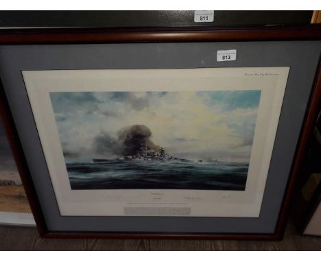 After Robert Taylor, 'K.M. Bismarck', military WWII scene signed ltd edition print, signed to margin by the artist and Baron 