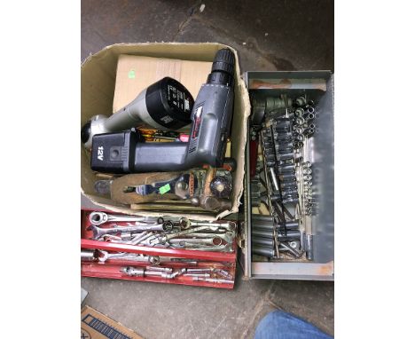 A metal toolbox and tools and a box of assorted tools including cordless screwdriver etc 