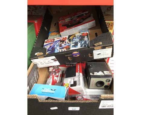 Two boxes of mixed sets inc Airfix, Travel pack, vintage cameras, etc. 