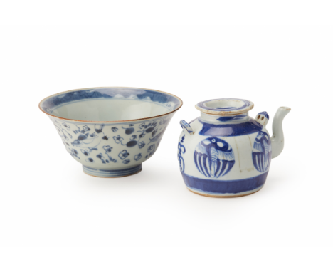 The bowl decorated with stylised foliage; the teapot with phoenix roundels The teapot: 10.5cm high, The bowl: 8.5cm x 17.5cm 