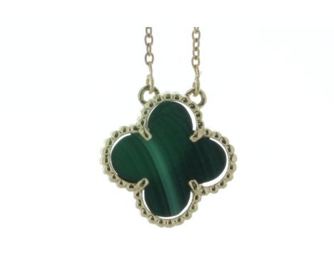 A gorgeous 9ct yellow gold malachite pendant and chain. Inspired by the clover leaf, this icons of luck is adorned with a bor