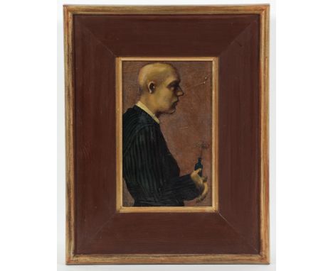 * CONRAD NELSON (SCOTTISH), PORTRAIT OF A BALD MAN HOLDING A FLOWER IN A BOTTLE oil on board, signed ''CN'' and dated '92 25c