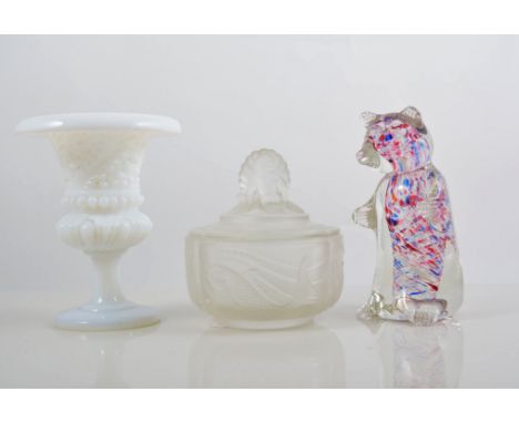 Small frosted glass comport, gilt and enamel decoration, diameter 11cms, tortoiseshell glass dish and other ornamental glassw