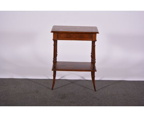 19th Century French walnut and fruitwood dressing table, hinged lid with mirror and compartments, turning legs joined by a sh