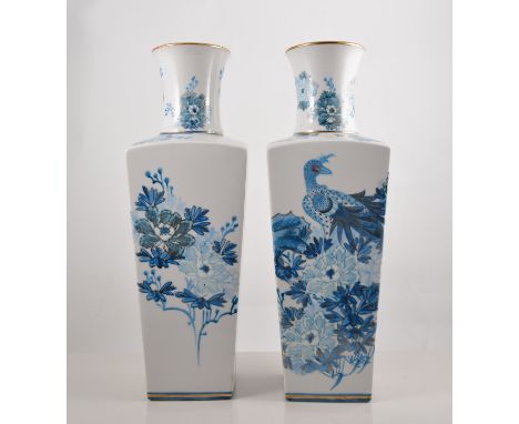 Pair of Japanese vases, flared rims, square tapering bodies, blue painted and gilt decoration of exotic birds and flowers, dr